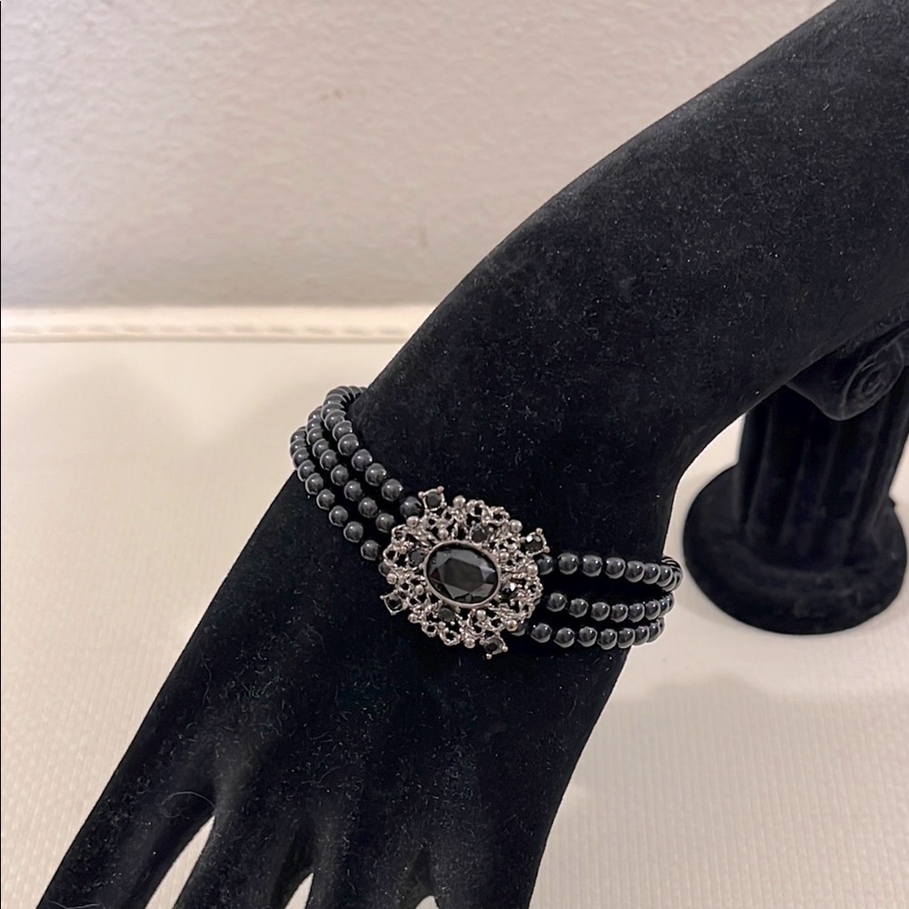 Black Beaded Bracelet with Silver Accents